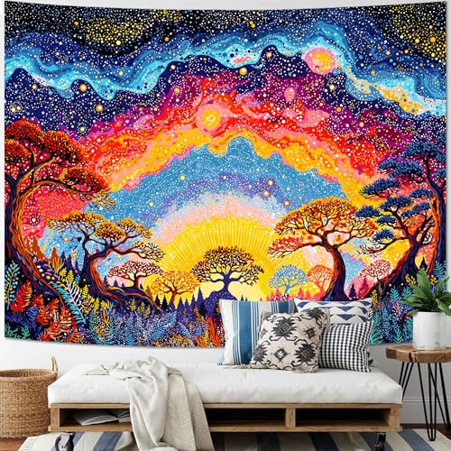 Spenlife Nebula Sunrise Forest Wall Tapestry, Trippy Colorful Sky Tapestries for Bedroom Decor, Dreamlike Tapestry 80x60 Inch - color: Blue, size: 80"L x 60"W