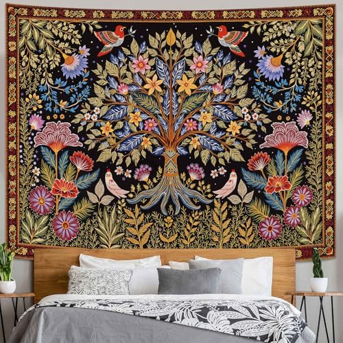 Lunerfex Tree of Life Wall Tapestry - Vibrant Folk Art & Botanical Wall Hanging for Bedroom and Living Room Decor - Boho Nature Tapestries 80"x60" - color: Black Red, size: 80"L x 60"W