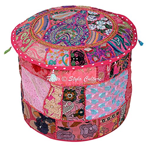 Patchwork Ottoman Pouffe Case Embroidered Indian Ethnic Cotton Stool Pouf Cover Pink Floral Furniture Tuffet Seat 45 cm Footstool Floor Cushion Decor Bean Bag Living Room - color: Dark Pink