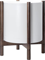 D'vine Dev Planter Pot with Stand - 16 Inch Plastic Cylinder Flower Pot with Wood Planter Holder for Indoor, Matte White Pot + Walnut Color Stand, 55-C-X-1