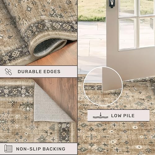 Hazo Haus Washable 2x3 Entry Rug Front Door Indoor, Bohemian Kitchen Floor Rug, Non-Slip & Stain Resistant, Vintage Desert Taupe Sage Farmhouse Floral Décor - color: Desert Taupe / Sage, size: 2' x 3' (Rectangular)