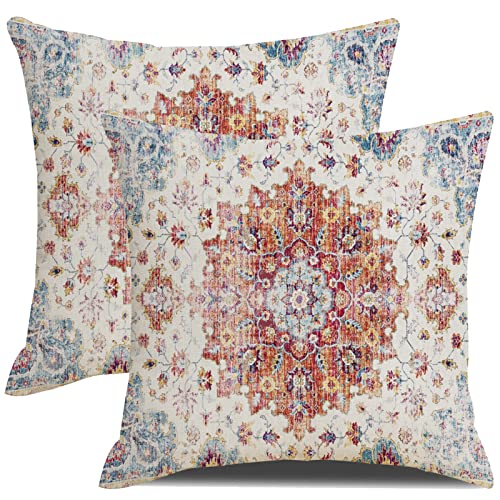 Boho Throw Pillows Cover 18x18 Inch Orange Blue Teal Ethnic Carpet Pillow Covers Set of 2 Farmhouse Fall Coral Floral Linen Decorative Pillow Cases for Outdoor Living Room Couch Sofa Decor - color: Boho, size: 18" x 18" (Pack of 2)