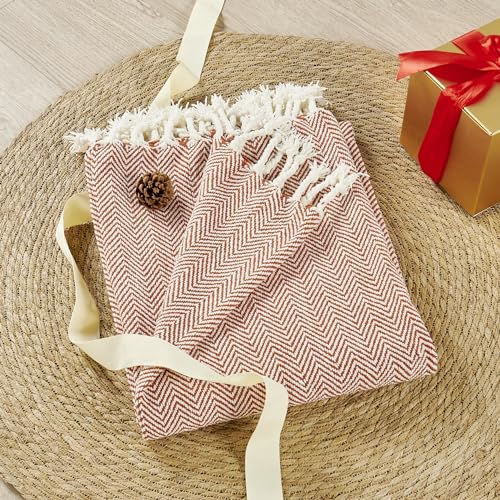 Herringbone Knitted Two Tone Throw Blankets with Braided Tassel Fringe, Boho Farmhouse Lightweight Turkish Throw Blanket for Couch Bed Sofa, Picnic, Yoga, Outdoor Blanket, 50 x 60 Inch, Rust Orange - color: Rust Orange