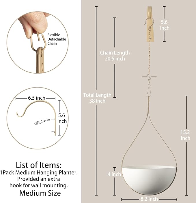 Hajia Waterdrop Shaped Hanging Planter, Metal Plant Hanger with Non-Detachable Pot, Hanging Plant Holder for Wall and Ceiling Decor.(No Plants and Drainage Holes) (Beige, Medium 1 Pack)