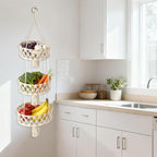 3 Tier Hanging Fruit Basket, Macrame Hanging Basket for Fruit and Vegetable Storage, Cotton Rope Woven Baskets, Boho Wall Baskets Organizing Hanging Plant Holder for Indoor Kitchen Decor