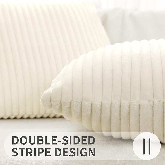 Simmore Decorative Spring Throw Pillow Covers 18x18 Set of 2, Soft Natural Plush Flannel Double-Sided Fluffy Couch Pillow Covers for Sofa Living Room, Cream White