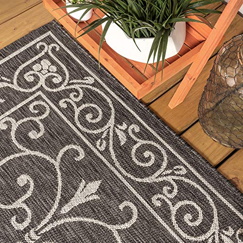 JONATHAN Y Vintage Filigree Indoor Outdoor Runner Rug 2X10 Black/Gray, Charleston Textured Weave for Backyard, Patio, Porch, Easy-Cleaning, High Traffic, Pet-Friendly, Non-Shedding (SMB106G-210) - color: Black/Gray, size: 2'2" x 10' (Runner)