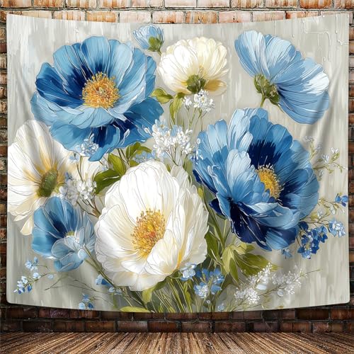 DYNH Blue White Floral Tapestry,Natural Aesthetics Elegant Tapestrie,Modern Flower Painting Wall Hanging,Watercolor Aesthetic Art Decor for Bedroom Living Room Dorm,80X60In - color: Blue White, size: 80"L x 60"W