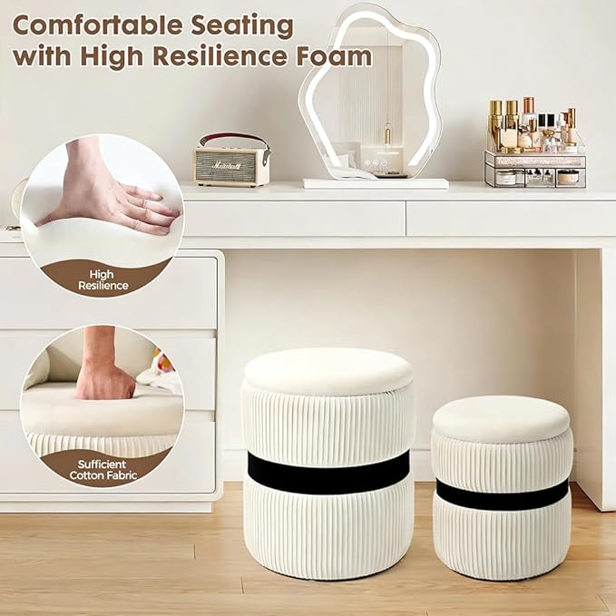 Velvet Round Ottoman Set of 2 with Storage, 12 Gallon Hidden Storage Ottoman, Multi-Functional Footrest Stool, Vanity Seat, Coffee Table, No Assembly Required, Holds 300lbs, (White)