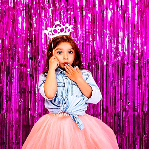 4 Pack Fuchsia Foil Fringe Curtain Backdrop,3.28Ft x 8.2Ft Metallic Tinsel Foil Fringe Streamer Curtains for Party,Photo Booth Props,Birthday,Graduation Decoration Party Supplies - color: Fuchsia