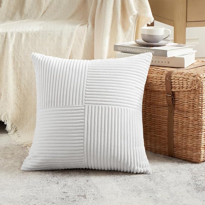 Fancy Homi 2 Packs Pure White Decorative Throw Pillow Covers 22x22 Inch for Living Room Couch Bed, Rustic Farmhouse Boho Home Decor, Soft Corss Corduroy Patchwork Accent Square Cushion Case 55x55 cm
