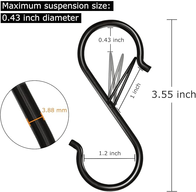 16 Pack S Hooks for Hanging, 3.5 inch Heavy Duty Metal S Hooks with Safety Buckle S Shaped Hooks Pot Rack Closet Hooks for Hanging Plants, Clothes, Kitchen Utensil, Pots, Pans, Bags (Black)