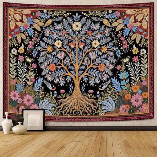 Spenlife Tree of Life Tapestry, Dark Whimsical Floral Tapestries for Bedroom, Cottagecore Wall Decor, Nature Tapestries (60" x 44") - color: Green Red, size: 60"L x 44"W