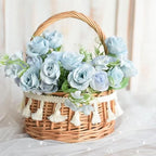 2 Pack Flower Girl Basket, Small Wicker Basket with Silk Petals, White Ribbon, Plastic Liner, Decorative Woven Willow Rattan Basket for Wedding, Gifts, Camping, Home Decor