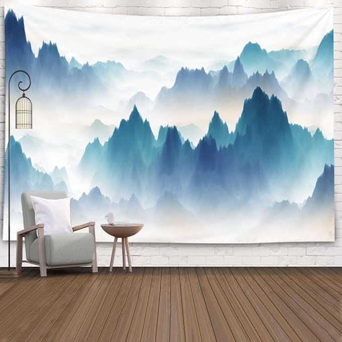 EMMTEEY Foggy Mountain Wall Tapestry - Mountains in Fog Landscape Art for Living Room - 92.5x70.9 Inches - Present for Families