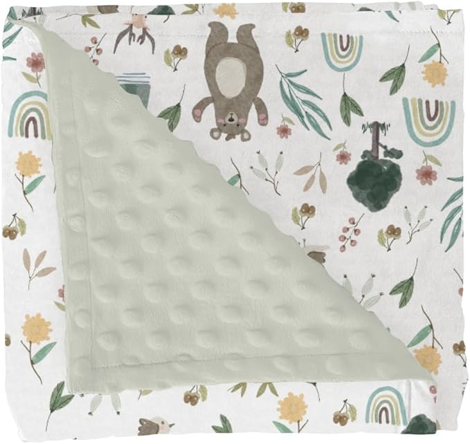 Whimsical Animals Baby Blankets for Girl Boy Cute Animals Spring Soft Mink Dotted Backing Double Layer Swaddle Blanket Bear Deer Bunny Rainbow Greenery Bed Throw for Infant Toddler Nursery 30x40