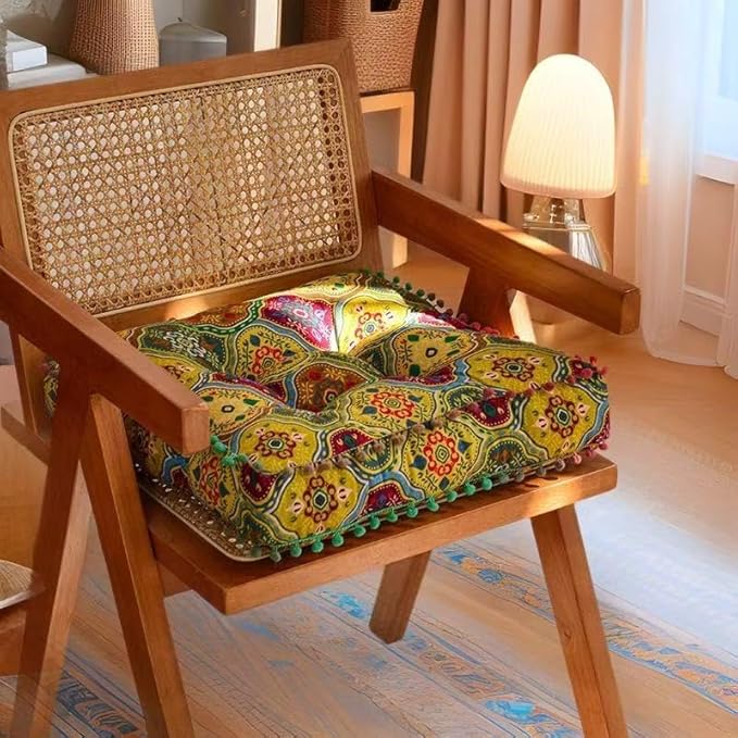 Bohemian Floor Pillow,Square Meditation Cushion & Yoga Mat – Ethnic Mandala Pattern Floor Seating for Living Room, Bedroom, Relaxation, Floor Decor(Green)