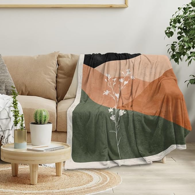 Boho Orange Mid Century Blankets Abstract Modern Throw Blanket Minimalist Sun Aesthetic Soft Warm Bed Bedding Women Blankets for Couch Bedroom Sofa Office Cozy Flannel Blankets 60"X80"