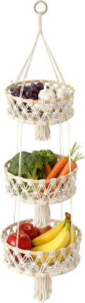 3 Tier Hanging Fruit Basket, Macrame Hanging Basket for Fruit and Vegetable Storage, Cotton Rope Woven Baskets, Boho Wall Baskets Organizing Hanging Plant Holder for Indoor Kitchen Decor