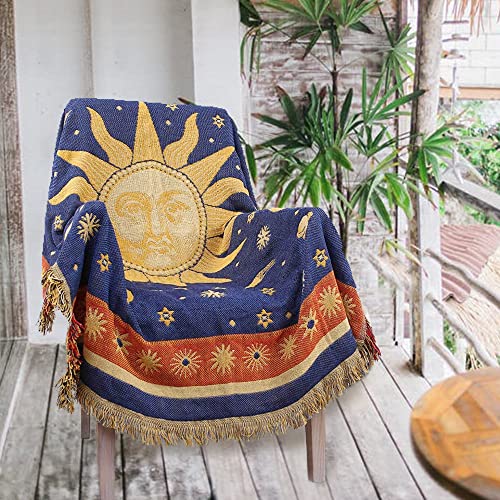 Hippie Throw Blanket Sun Moon Stars Boho Throw Blankets Celestial Tapestry Double-Sided Reversible Woven Cotton Home Decor Bedding Chair Couch Recliner Cover Oversized Tassels Astrology 50"x70" - color: Sun God, size: 50x70inch