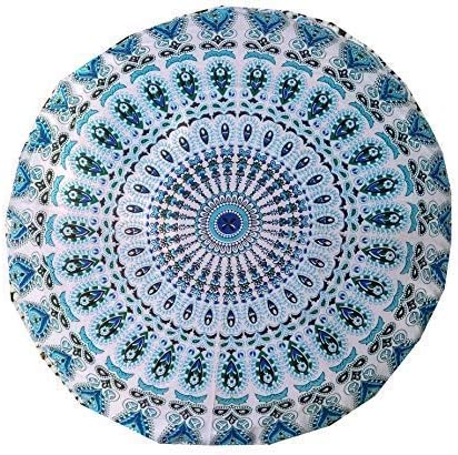 INDIAN CRAFT CASTLE ICC 32 Inch Large Round seat Floor Cushion Cover Chair Ottoman Pouf Pillow Cover Meditation Floor Cushion Covers Seating pouffe Throw Covers Sky Blue