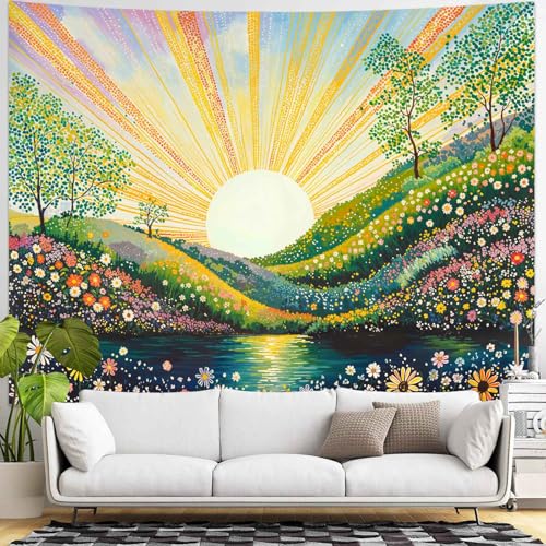 Lunerfex Soothing Spring Meadow Tapestry - Sunburst Landscape Wall Hanging with Colorful Flowers and Lake - Cheerful Nature Decor 80"x60" - color: Bright Green, size: 80"L x 60"W