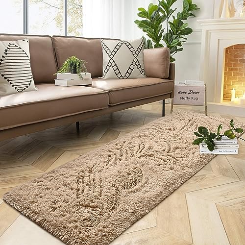 DweIke Fluffy Beige Runner Rugs for Bedroom, 2x6 Feet Soft Plush Long Runners for Girls Boys Kids, Non-Slip and Machine Washable Bedside Rug, Small Throw Carpet for Hallway Rooms Decor - color: Beige, size: 2 Ft X 6 Ft