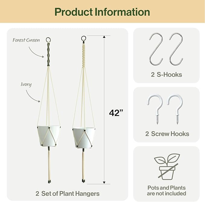 2 Packs Macrame Plant Hanger Colored Braided Polyester Rope Outdoor Indoor Adjustable Hanging Planter for up to 10 Inch Plant Pot Modern Boho Home Decor (Ivory/Forest Green)