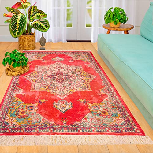 Mandala Life ART - 4' x 6' Moroccan Vintage Red Pink Vintage Rug with Fringes - Digital Print Cotton Tapestry - Bohemian Carpet - Decorative Accent Piece for You Living Room, Bedroom