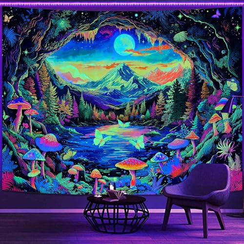 Zussun Blacklight Mushroom Forest Tapestry UV Reactive Nature Mountain Moon Butterfly Tapestry for Bedroom Aesthetic Landscape Large Tapestries Wall Hanging for Dorm Living Room Decor 80 x 60 Inch - color: Warm Yellow, size: 80"L x 60"W