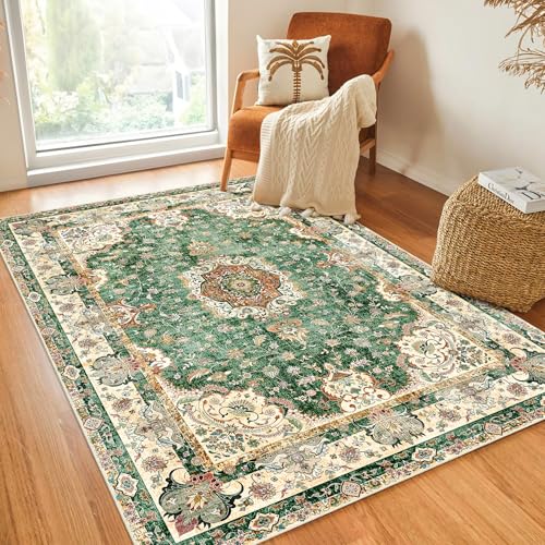 Green Rug 4'x6.5',Washable Area Rugs for Bedroom Living Room Kitchen Entryway Bedside,Small Boho Vintage Bohemian Distressed Oriental Non Slip Carpet,Retro Sage Floral - color: Green, size: 4'x6.5'