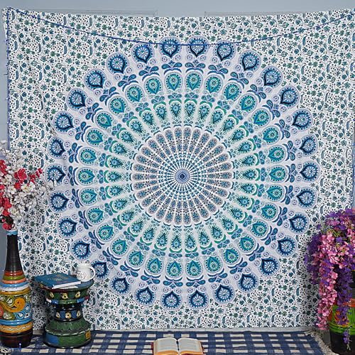 FURNISHFUL FINESSE Handmade Cotton Peacock Mandala Tapestry - Serene Sky Blue & White Ombre Boho Wall Decor, Bohemian Hippie Room Hanging for Bedroom & Dorm Aesthetic- 54x84 Inches - color: Sky Blue, size: 84"L x 54"W