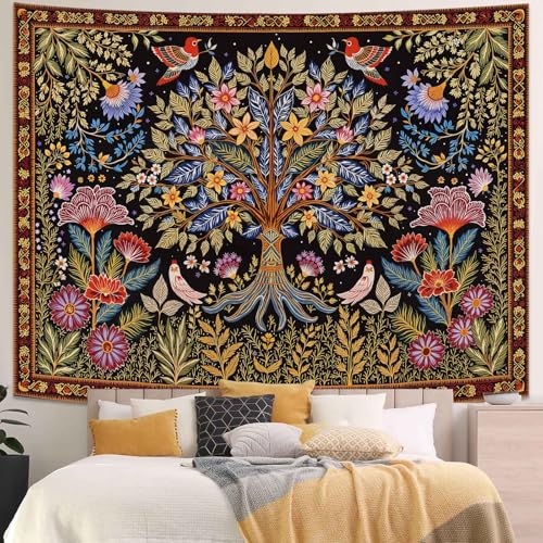Lunerfex Tree of Life Wall Tapestry - Vibrant Folk Art & Botanical Wall Hanging for Bedroom and Living Room Decor - Boho Nature Tapestries 60"x44" - color: Black Red, size: 60"L x 44"W