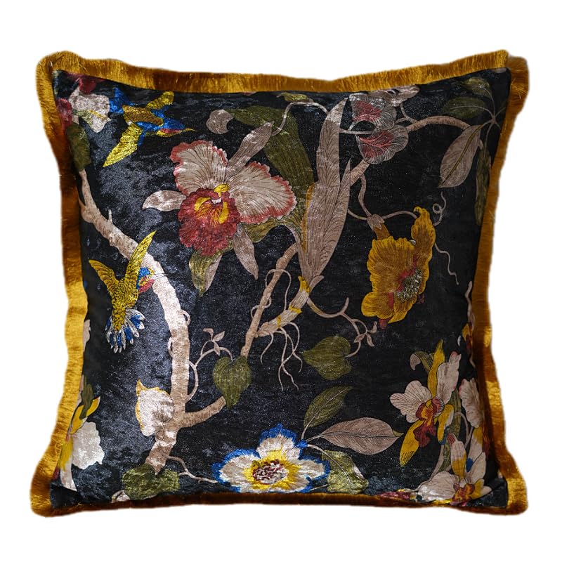 GUMAS Original Luxurious Floral and Bird Print Velvet Throw Pillow, 18x18 Cushion Cover with Vintage Chinese Style Design (1, Black Cover) - color: Black Cover