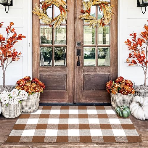 Homydecor Buffalo Plaid Outdoor Rugs, 28'' x 43'' Coffe and White Checkered Area Rug, Layering Rug for Hello/Welcome Door Mat, Washable Cotton Woven Farmhouse Mat for Front Porch Décor - color: Coffee & White Plaid, size: 2'4" x 3'7" (Rectangular)