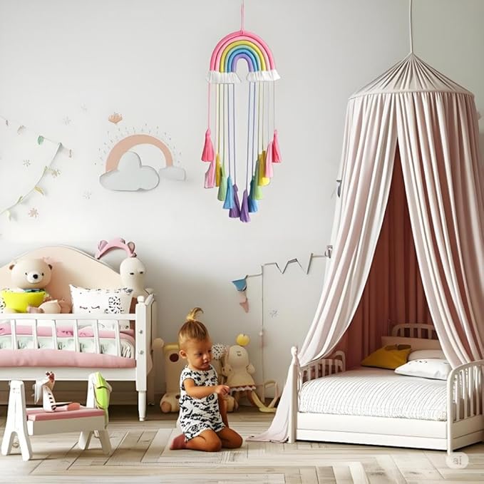 Rainbow Macrame Wall Hanging - Hand-Woven Cotton Tassel Tapestry Decor for Baby Room, Nursery, and Home Decor (Pink Rainbow)