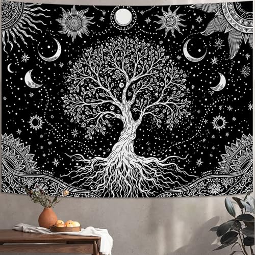 Spenlife Spiritual Tree of Life Tapestry, Black and White Tapestries for Bedroom, Gothic Wall Decor, Celestial Tapestries (60" x 44") - color: Black White, size: 60"L x 44"W