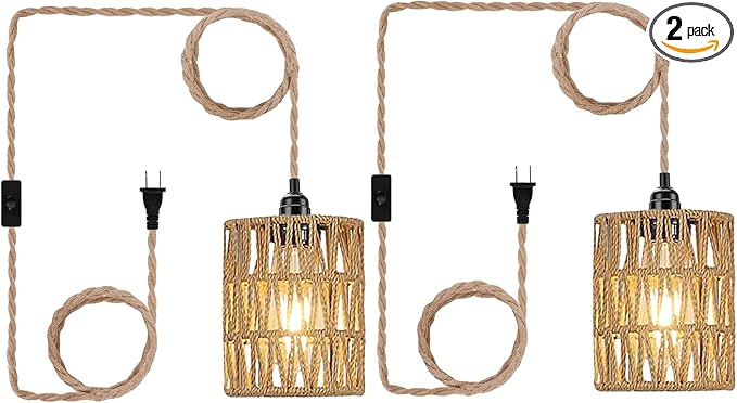 2X Boho Plug in Pendant Light, Hanging Light with Plug in Cord Ceiling Lamp Rattan Cylinder Lamp Shade On-Off Switch Hanging Plant Shelf Shelves Bohemian Decor for Bedroom Living Room Corner