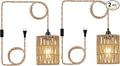 2X Boho Plug in Pendant Light, Hanging Light with Plug in Cord Ceiling Lamp Rattan Cylinder Lamp Shade On-Off Switch Hanging Plant Shelf Shelves Bohemian Decor for Bedroom Living Room Corner
