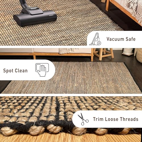 Chardin home 3x5 Jute Cotton Handwoven Area Rug | Braided Boho Farmhouse Rug in Natural Jute/Black | Rustic Vintage Floor Covering for Living Room, Bedroom, Kitchen, and Entryway - color: Natural Jute-black, size: 3' x 5' (Rectangular)