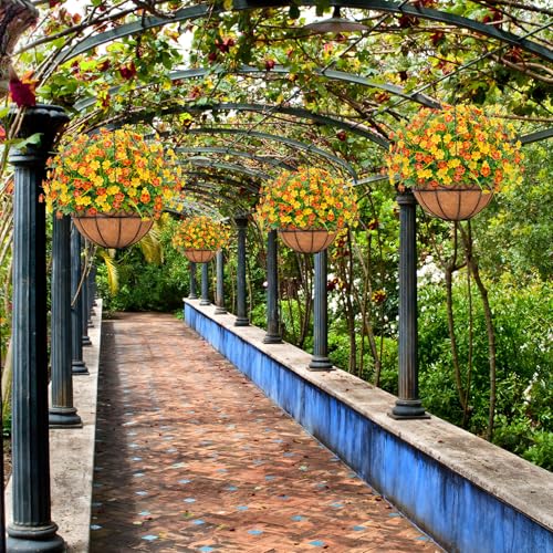Ouddy Decor Artificial Hanging Flowers with Basket, Faux Silk Flowers in Coconut Lining Basket, Spring Summer Outdoor Decor Fake Hanging Plants for Garden Patio Yard Porch Lawn, Orange - color: Orange