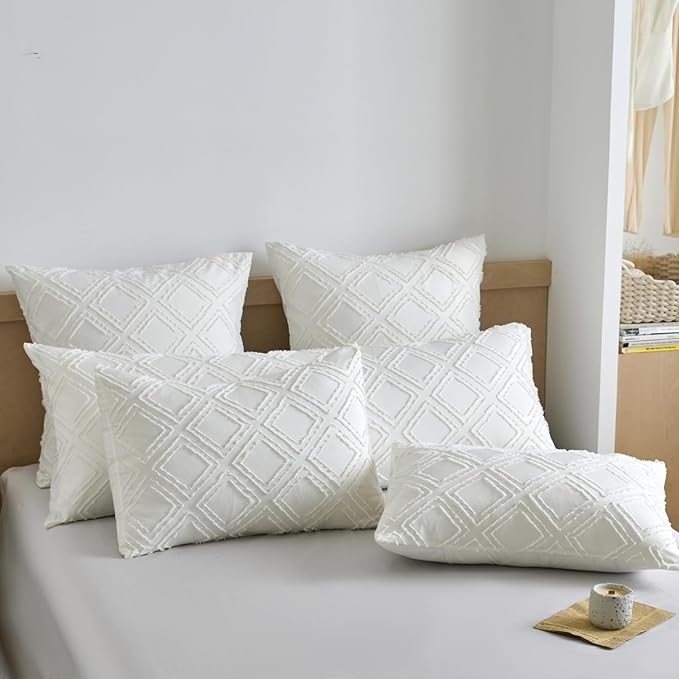 Queen Pillow Shams 2 Pack, Queen Size Pillowcases, Soft Microfiber Geometric Tufted Pillow Covers with Envelope Closure, Ivory, 20x30 Inches