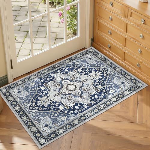 2x3 Blue Waterproof Entry Rug - Non-Slip Washable Mat Low Pile Boho Farmhouse Doormat for Bathroom, Kitchen, Entryway - Small Area Indoor Carpet, Vintage Modern Easy Clean Floor Mat, Navy Blue Multi - color: Navy Blue& Multi, size: 2' x 3' (Rectangular)