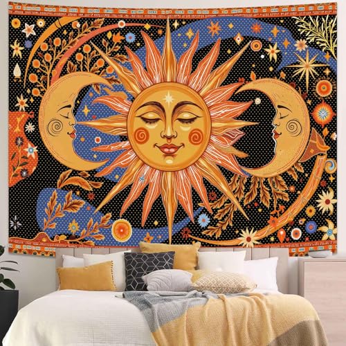 Kanuyee Celestial Sun and Moon Tapestry Nature Style Tapestry for Bedroom Celestial Starry Sky tapestries Wall Hanging Aesthetic Room Decor Smiling Sun and Crescent Moons 80"x60" - color: Orange Yellow, size: 80"L x 60"W