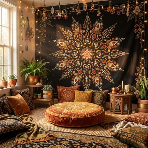 Haibimen Boho Floral Mandala Tapestry Black Gold Bohemian Flower Tapestry for Bedroom Vintage Dark Tapestries Wall Hanging for Living Room, Bedroom, Dorm (Black 4, 80''×60'') - color: Black 4, size: 80''×60''