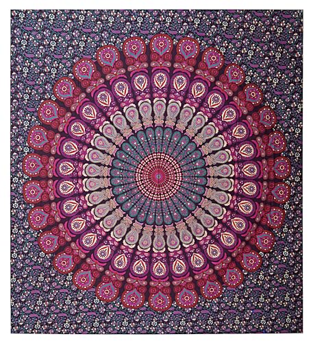 FURNISHFUL FINESSE Handmade Cotton Peacock Mandala Tapestry - Purple Pink Ombre Boho Wall Decor, Bohemian Hippie Room Hanging for Bedroom & Dorm Aesthetic - 50x60 Inches - color: Purple Pink, size: 60"L x 50"W