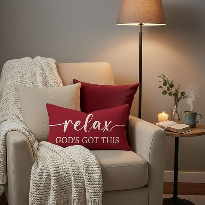 Decorative Throw Pillow Covers 12x20 Inch Set of 2 – Crimson Red Christian Lumbar Pillowcase – Give It to God and Go to Sleep/Relax God’s Got This – Christmas Faith Bedroom Bed Decor
