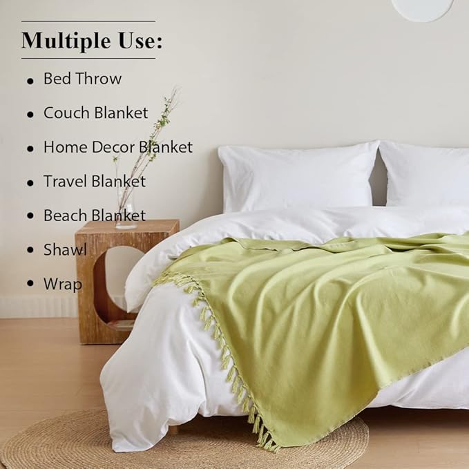 Simple&Opulence Boho Linen Throw Blanket for Bed, Couch, 50”x70” Pre-Washed Fringed Vintage Decorative Woven Blanket with Tassels, Breathable Durable Cozy Farmhouse Decor for All Seasons(Lime Green)