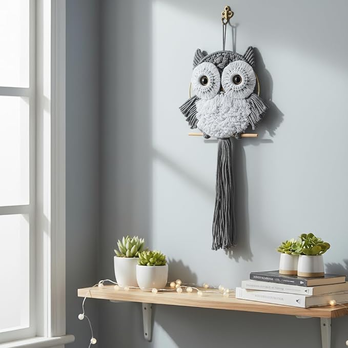 ACEDSGN Macrame Owl Wall Hanging Boho Dream Catcher, Handmade Tapestry Fiber Art Wall Decor for Nursery Bedroom Living Room, Sustainable Gift for Owl Lovers & Nature Fans - Gray