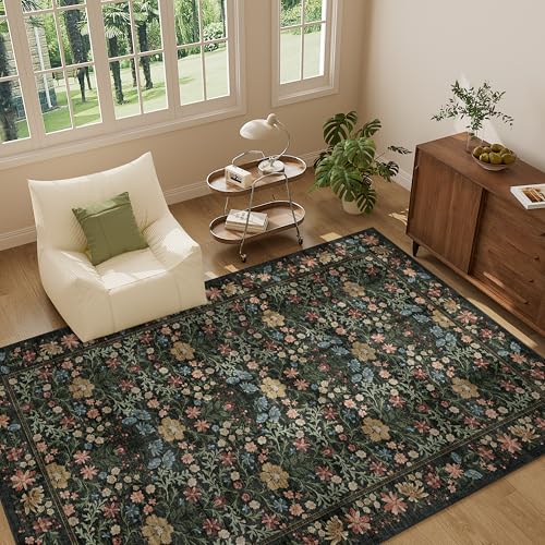 DUKINO 5x8 Area Rug for Bedroom, Vintage Non Slip Floral Washable Rug with Low Pile Design, Stain Resistant & Lightweight Floor Capet for Living Room, Kids Playroom, Home Office, Nursery, Black - color: Black, size: 5' x 8' (Rectangular)